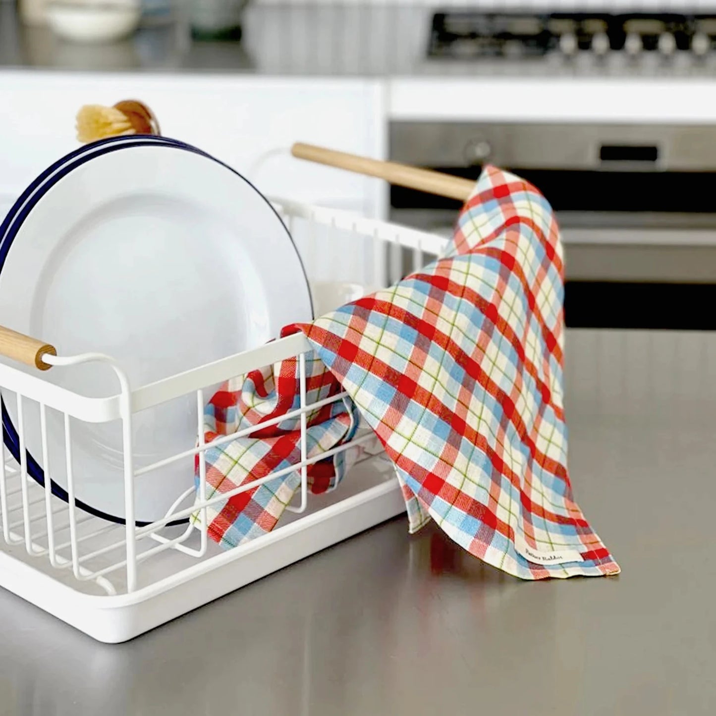 Father Rabbit Tea Towel - Cherry + Blue Tartan